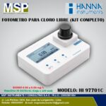 Fotómetro portátil para cloro libre modelo HI 97701C de HANNA Instruments con kit completo para análisis y control de calidad del agua.