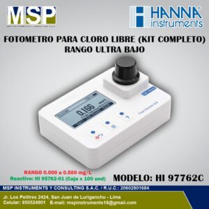 Fotómetro portátil para cloro libre de rango ultra bajo modelo HI 97762C de HANNA Instruments con kit completo para análisis de agua.