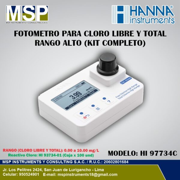 Fotómetro Multiparámetro HI-97734C HANNA Instruments Fotómetro multiparámetro portátil para cloro libre y cloro total de rango alto modelo HI 97734C de HANNA Instruments con kit completo.