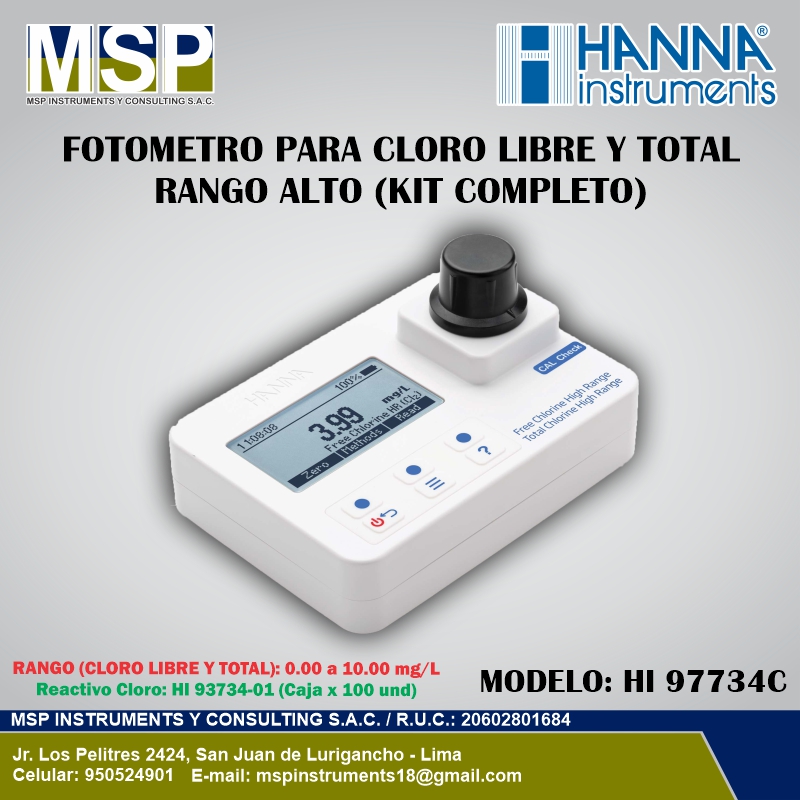 Fotómetro multiparámetro portátil para cloro libre y cloro total de rango alto modelo HI 97734C de HANNA Instruments con kit completo.