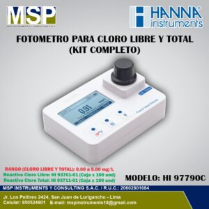 Fotómetro multiparámetro portátil para cloro libre y total modelo HI 97790C de HANNA Instruments con kit completo.