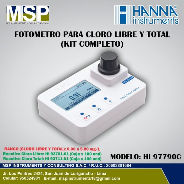 Fotómetro Multiparámetro HI-97790C HANNA Instruments Fotómetro multiparámetro portátil para cloro libre y total modelo HI 97790C de HANNA Instruments con kit completo.