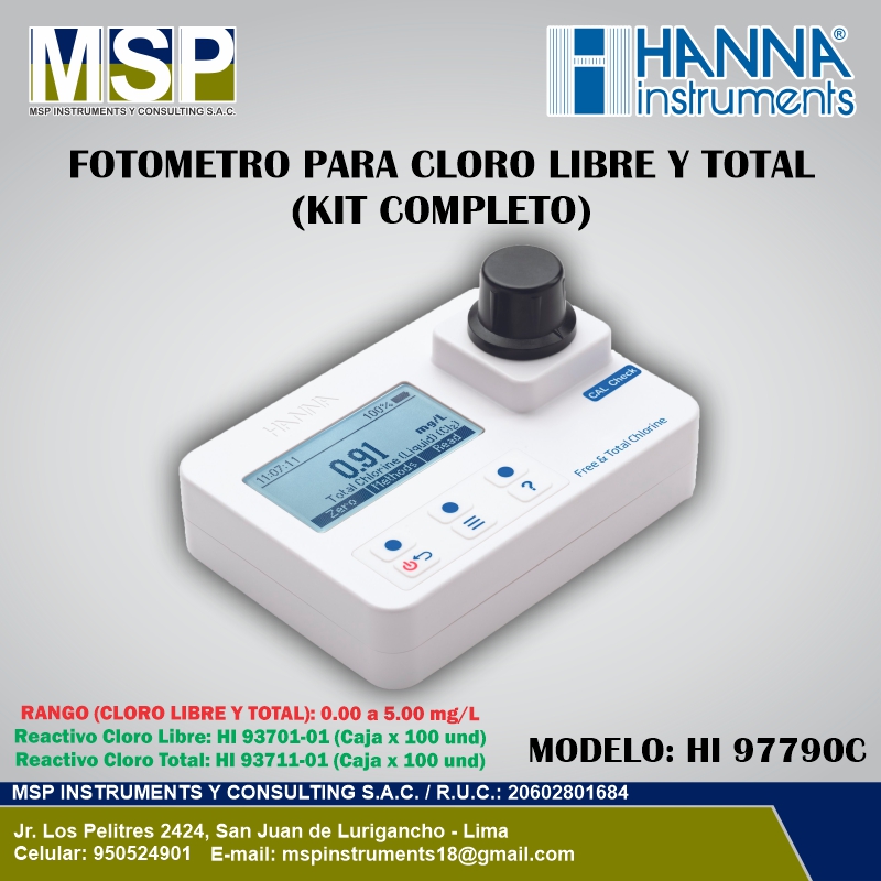 Fotómetro multiparámetro portátil para cloro libre y total modelo HI 97790C de HANNA Instruments con kit completo.