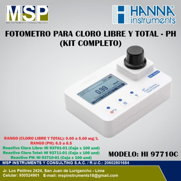 Fotómetro Multiparámetro HI-97710C HANNA Instruments Fotómetro multiparámetro portátil para cloro libre, cloro total y pH modelo HI 97710C de HANNA Instruments con kit completo.