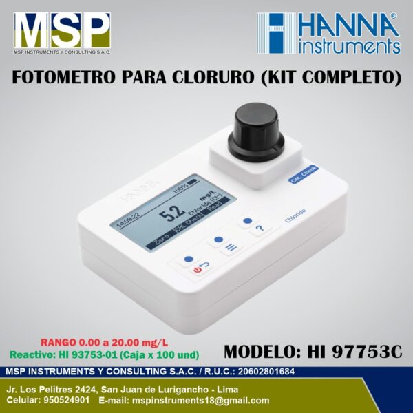 Fotómetro portátil para cloruro modelo HI 97753C de HANNA Instruments con kit completo para análisis y control de la calidad del agua.