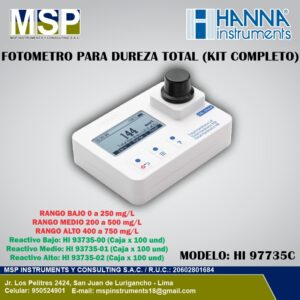 Fotómetro portátil para dureza total modelo HI 97735C de HANNA Instruments con kit completo para análisis y control de agua.