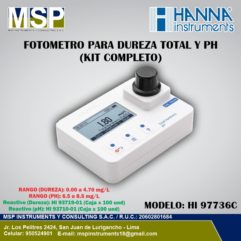 Fotómetro multiparámetro portátil para dureza total y pH modelo HI 97736C de HANNA Instruments con kit completo.