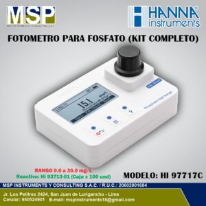 Fotómetro portátil para fosfato modelo HI 97717C de HANNA Instruments con kit completo para análisis y control de agua.
