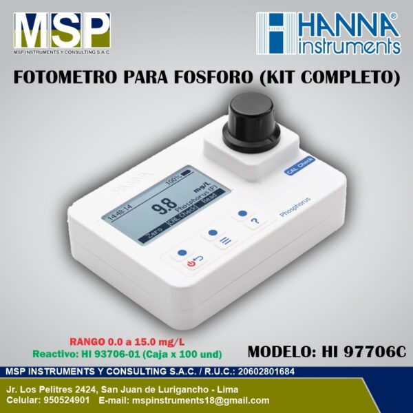 Fotómetro portátil para fósforo modelo HI 97706C de HANNA Instruments con kit completo para análisis y control de agua.
