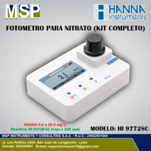 Fotómetro portátil para nitrato modelo HI 97728C de HANNA Instruments con kit completo para análisis de agua.