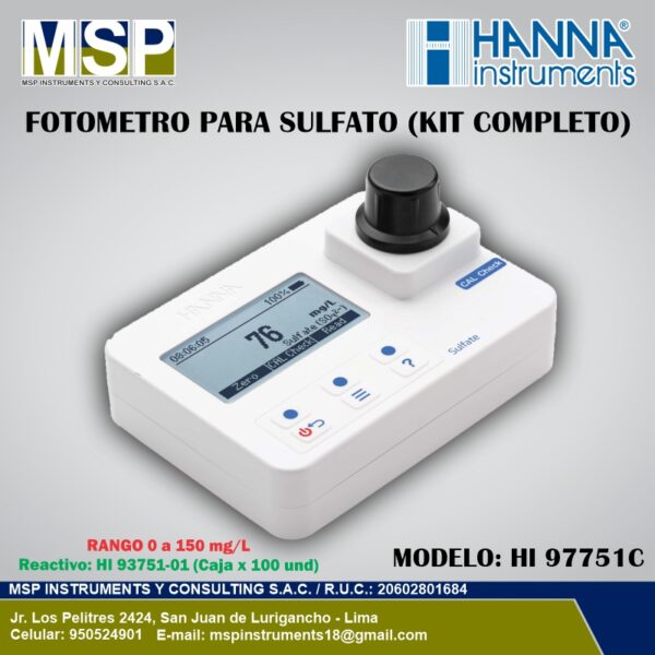 Fotómetro portátil para la medición de sulfato modelo HI 97751C de HANNA Instruments con kit completo para análisis de calidad del agua.