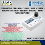 Fotómetro multiparámetro portátil para pH, cloro, ácido cianúrico, hierro, bromo y yodo modelo HI 97101C de HANNA Instruments con kit completo.