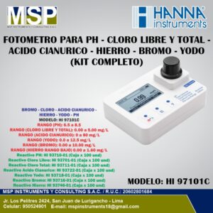Fotómetro multiparámetro portátil para pH, cloro, ácido cianúrico, hierro, bromo y yodo modelo HI 97101C de HANNA Instruments con kit completo.