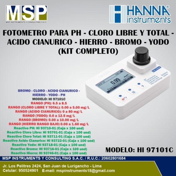 Fotómetro multiparámetro portátil para pH, cloro, ácido cianúrico, hierro, bromo y yodo modelo HI 97101C de HANNA Instruments con kit completo.