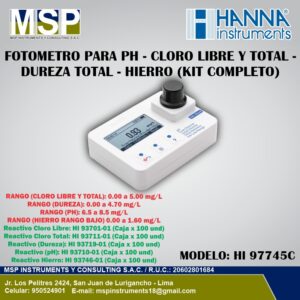 Fotómetro multiparámetro portátil para pH, cloro libre y total, dureza total e hierro modelo HI 97745C de HANNA Instruments con kit completo.