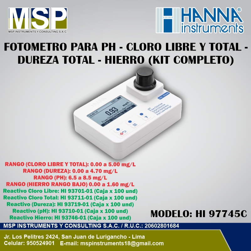 Fotómetro multiparámetro portátil para pH, cloro libre y total, dureza total e hierro modelo HI 97745C de HANNA Instruments con kit completo.